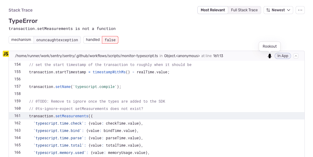 Example of a stack trace using Rookout.